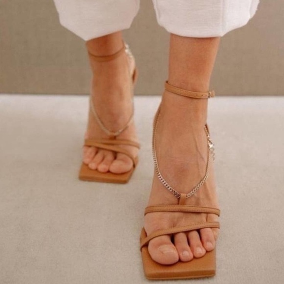 Alohas Straps Chain Square Toe Leather Strappy Sandals Camel 42 / 11-11.5 - Picture 2 of 11